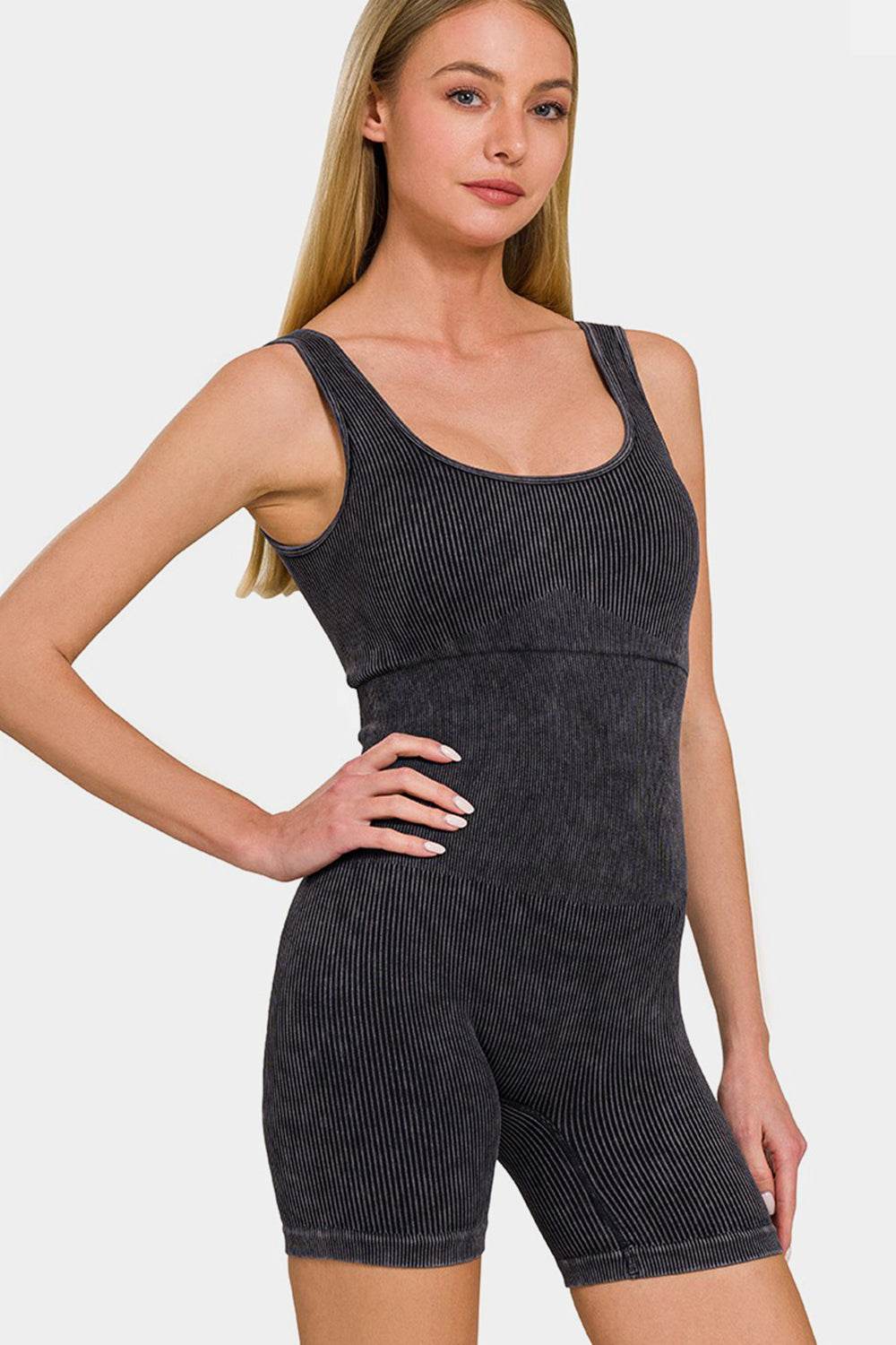 Zenana Washed Ribbed Romper with Pad - DaTrendStore.Com