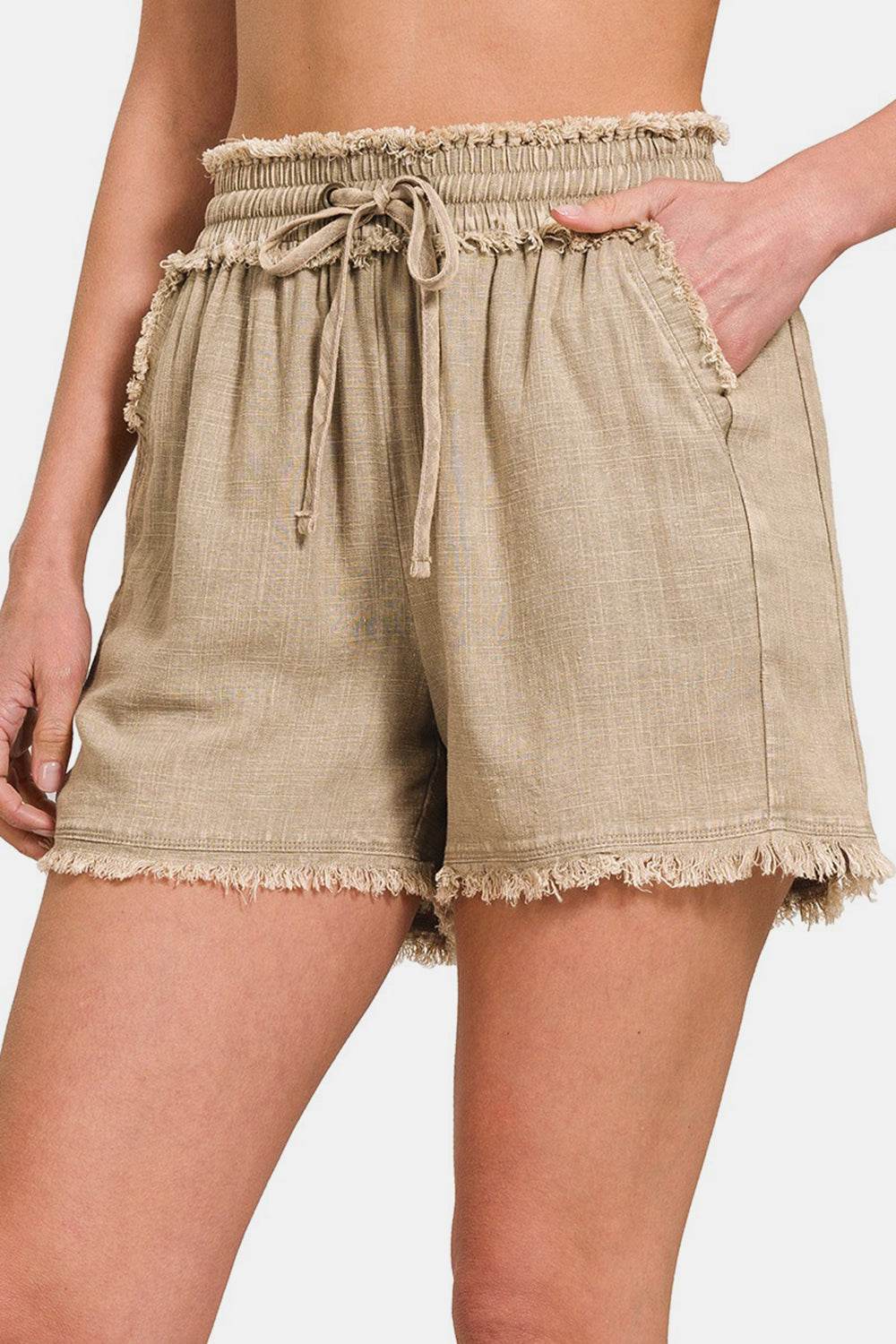 Zenana Washed Linen Frayed Hem Drawstring Shorts - DaTrendStore.Com