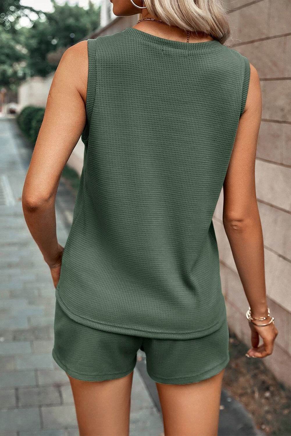 Waffle-Knit Round Neck Top and Shorts Set - DaTrendStore.Com