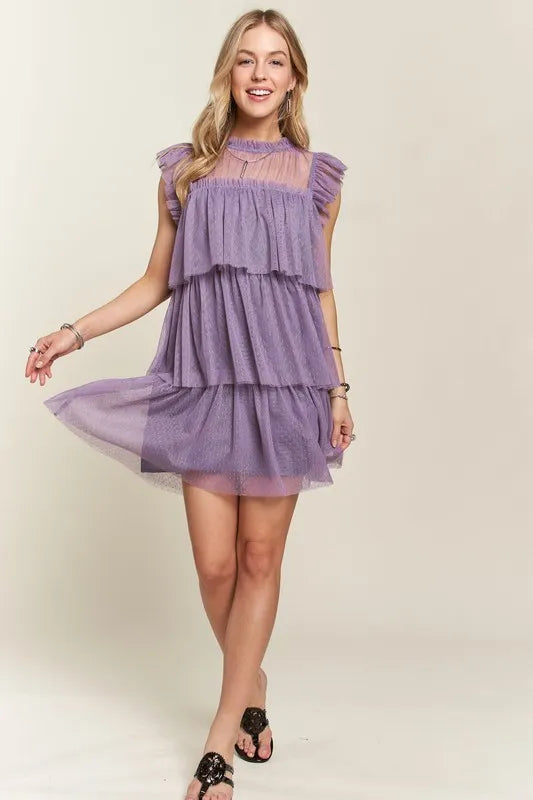 ADORA Mauve Ruffled Cap-Sleeve Mesh Dress