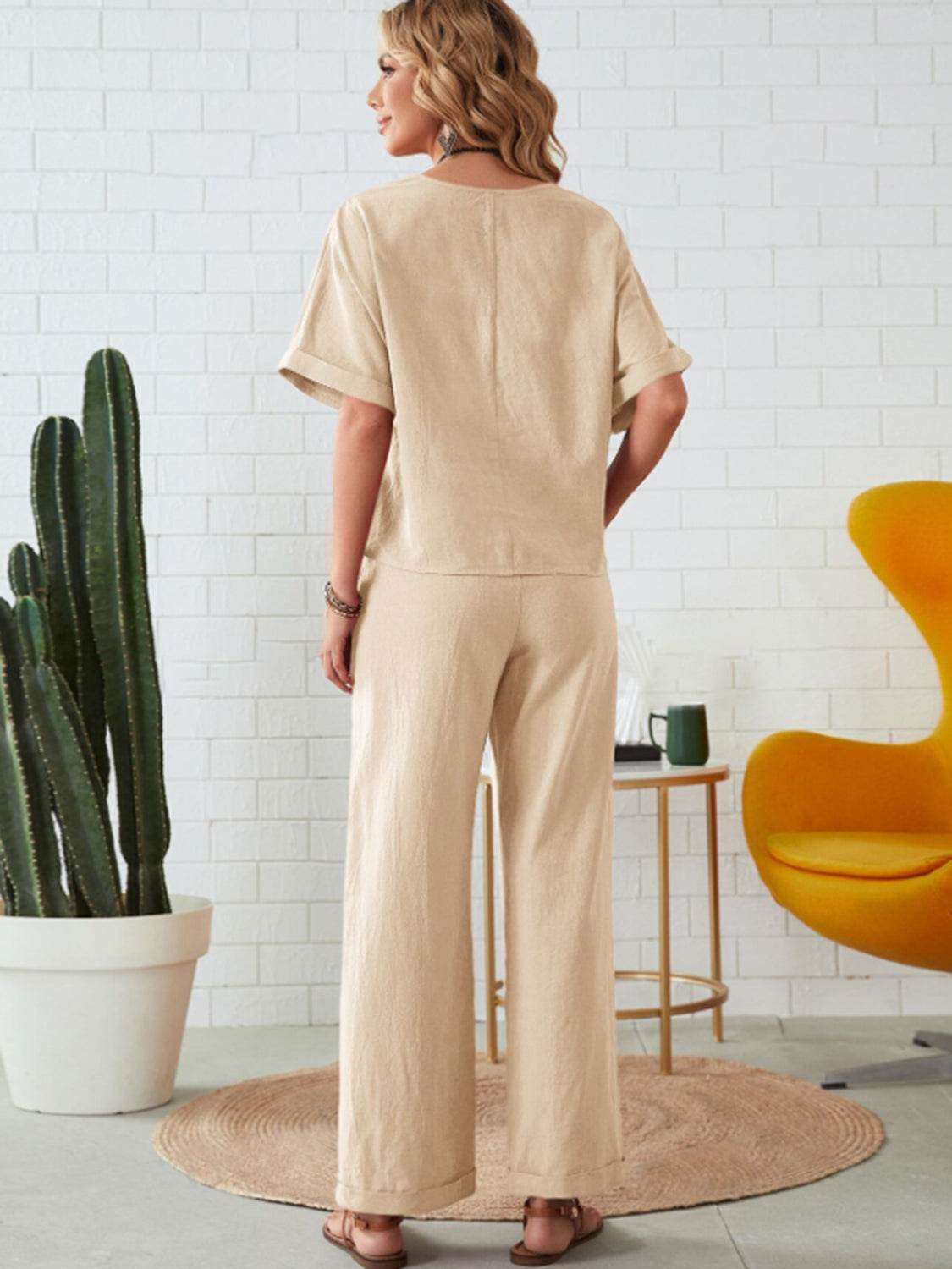 Round Neck Half Sleeve Top and Pocketed Pants Set - DaTrendStore.Com