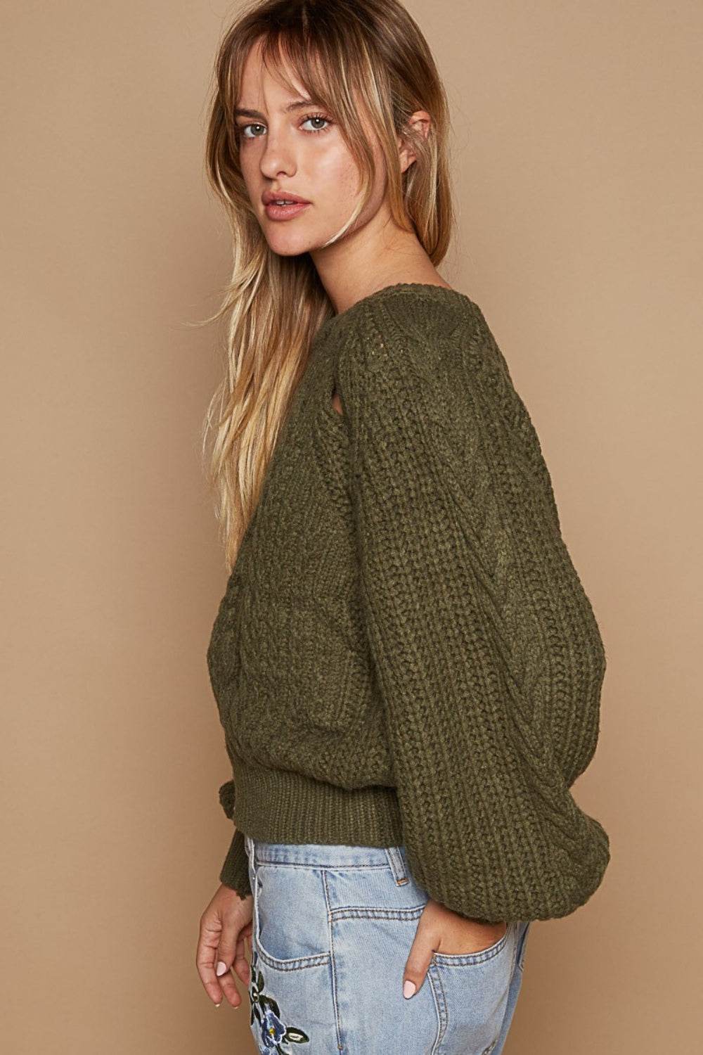 POL Cable Knit Cutout Long Sleeve Sweater - DaTrendStore.Com