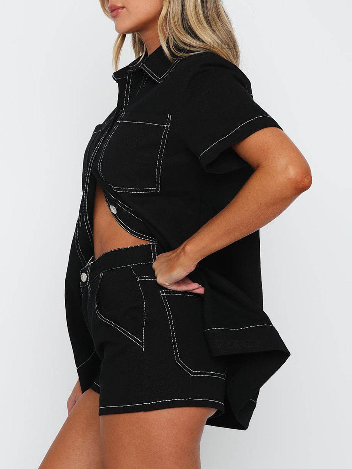 Pocketed Button Up Top and Shorts Set - DaTrendStore.Com