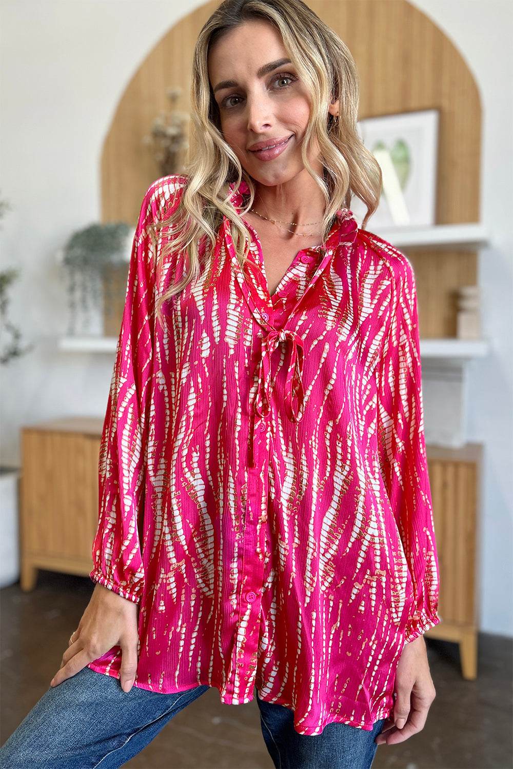 Double Take Full Size Printed Button Up Long Sleeve Shirt - DaTrendStore.Com