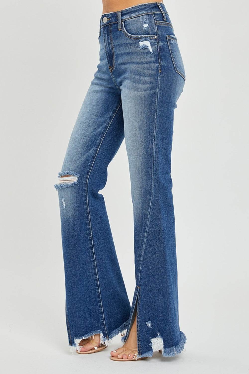 RISEN Full Size High Rise Front Slit Frayed Hem Flare Jeans - DaTrendStore.Com