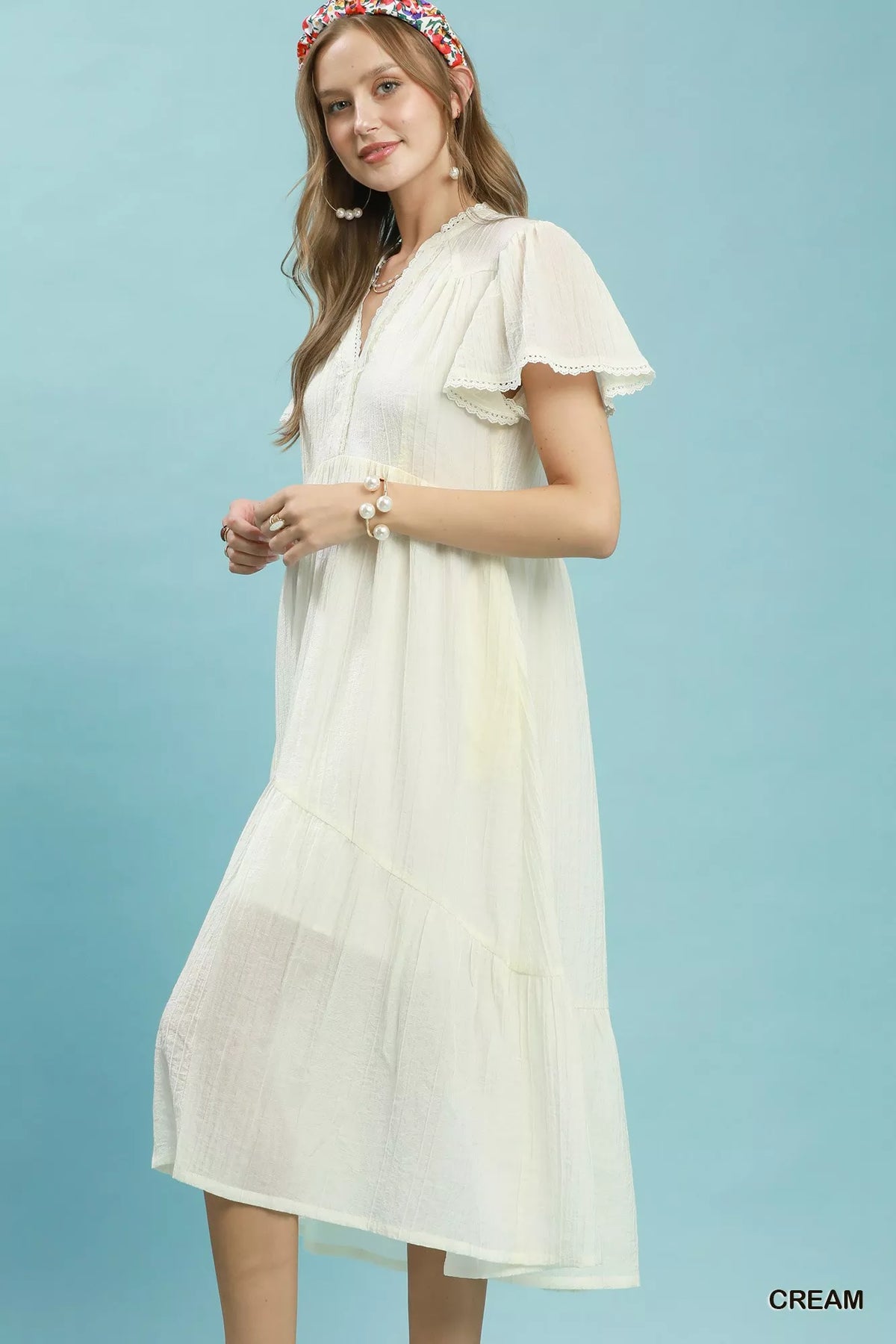 Umgee Textured Tiered Midi Dress with Side Pockets - Cream