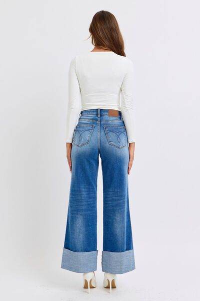 Judy Blue Full Size Distressed High Waist Wide Leg Jeans - DaTrendStore.Com