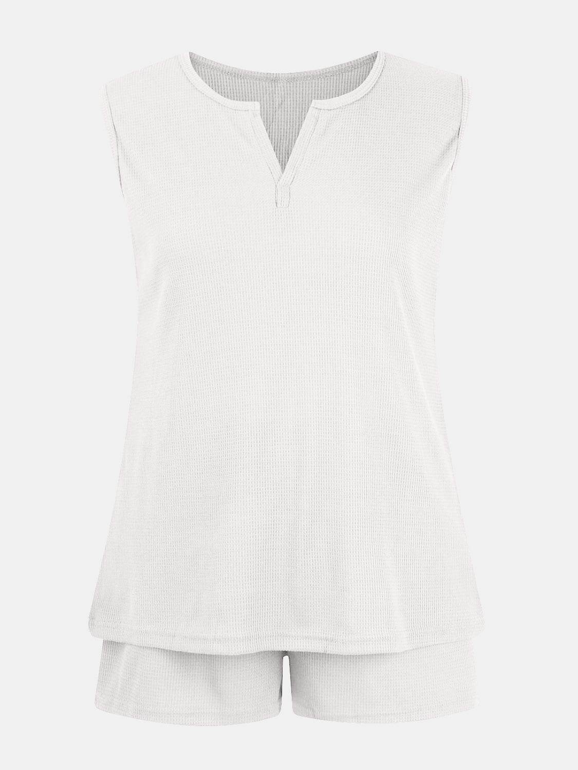 Full Size Waffle-Knit Notched Top and Shorts Set - DaTrendStore.Com