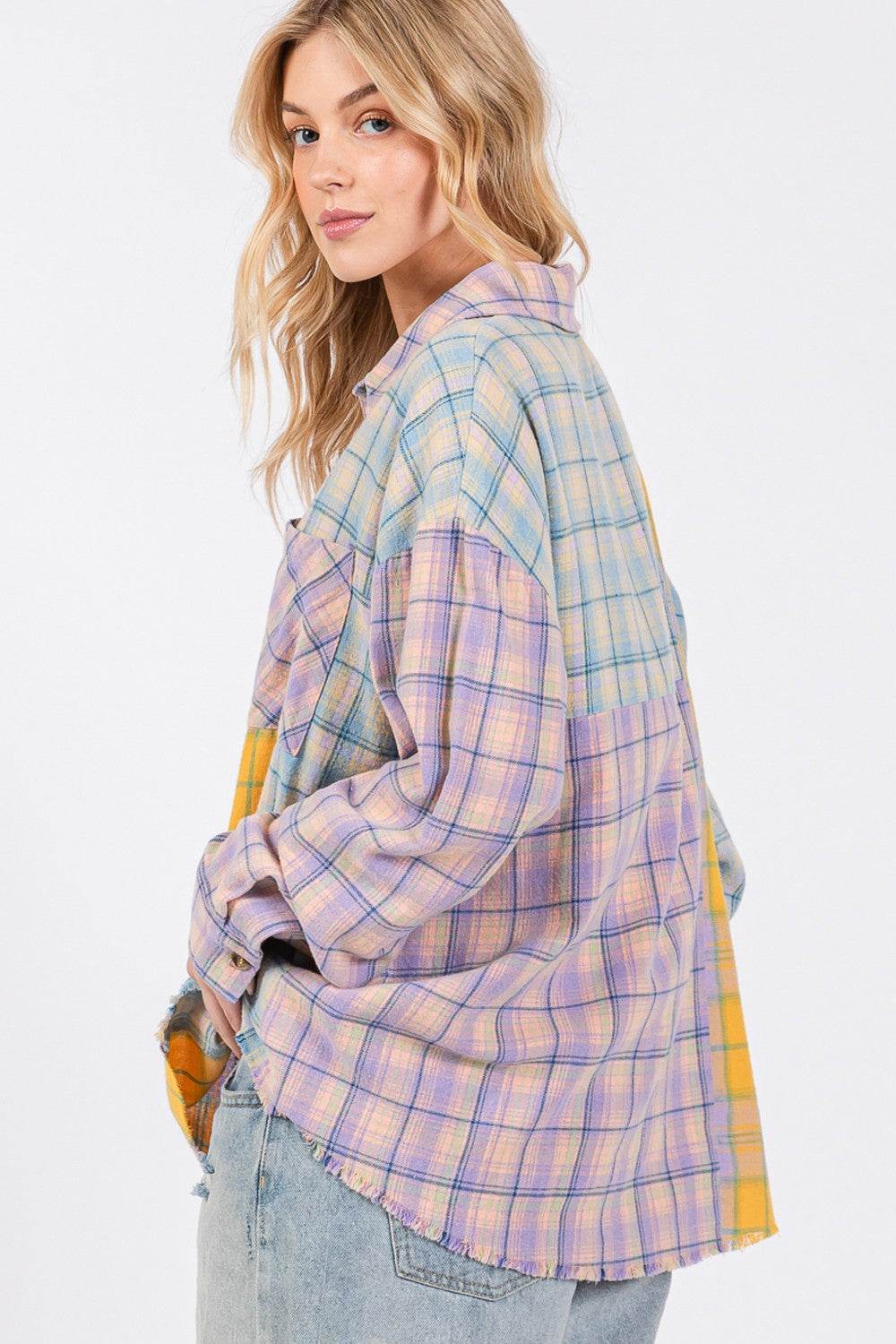 SAGE + FIG Button Up Raw Hem Plaid Flannel Shirt - DaTrendStore.Com