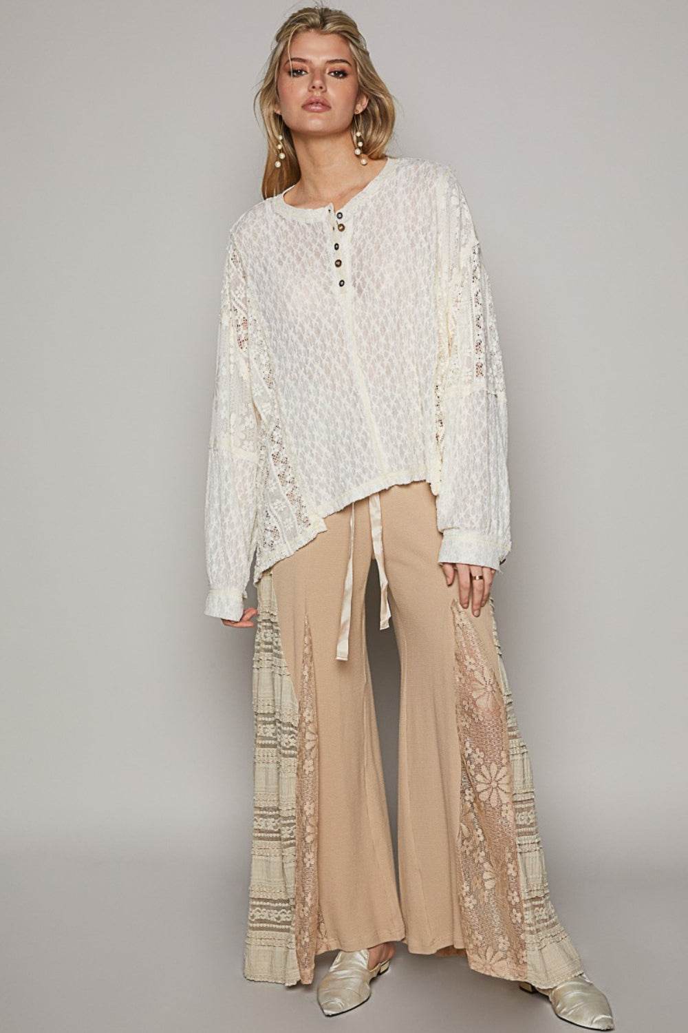POL Round Neck Long Sleeve Raw Edge Lace Top - DaTrendStore.Com