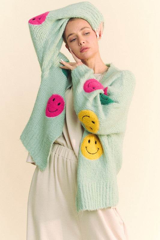 Davi & Dani Fuzzy Smile Open Front Long Sleeve Cardigan - DaTrendStore.Com