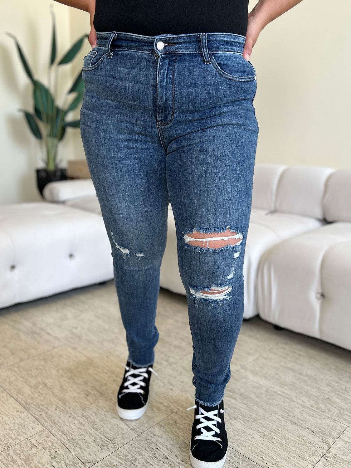 Judy Blue Full Size High Waist Distressed Skinny Jeans - DaTrendStore.Com