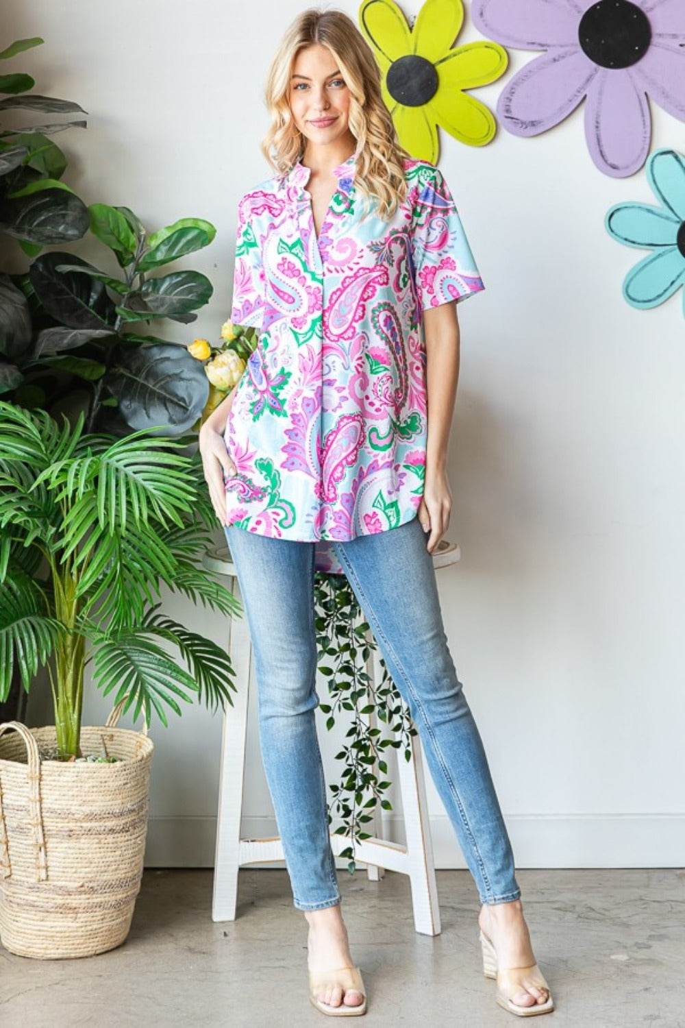 Heimish Full Size Paisley Print Short Sleeve Top - DaTrendStore.Com
