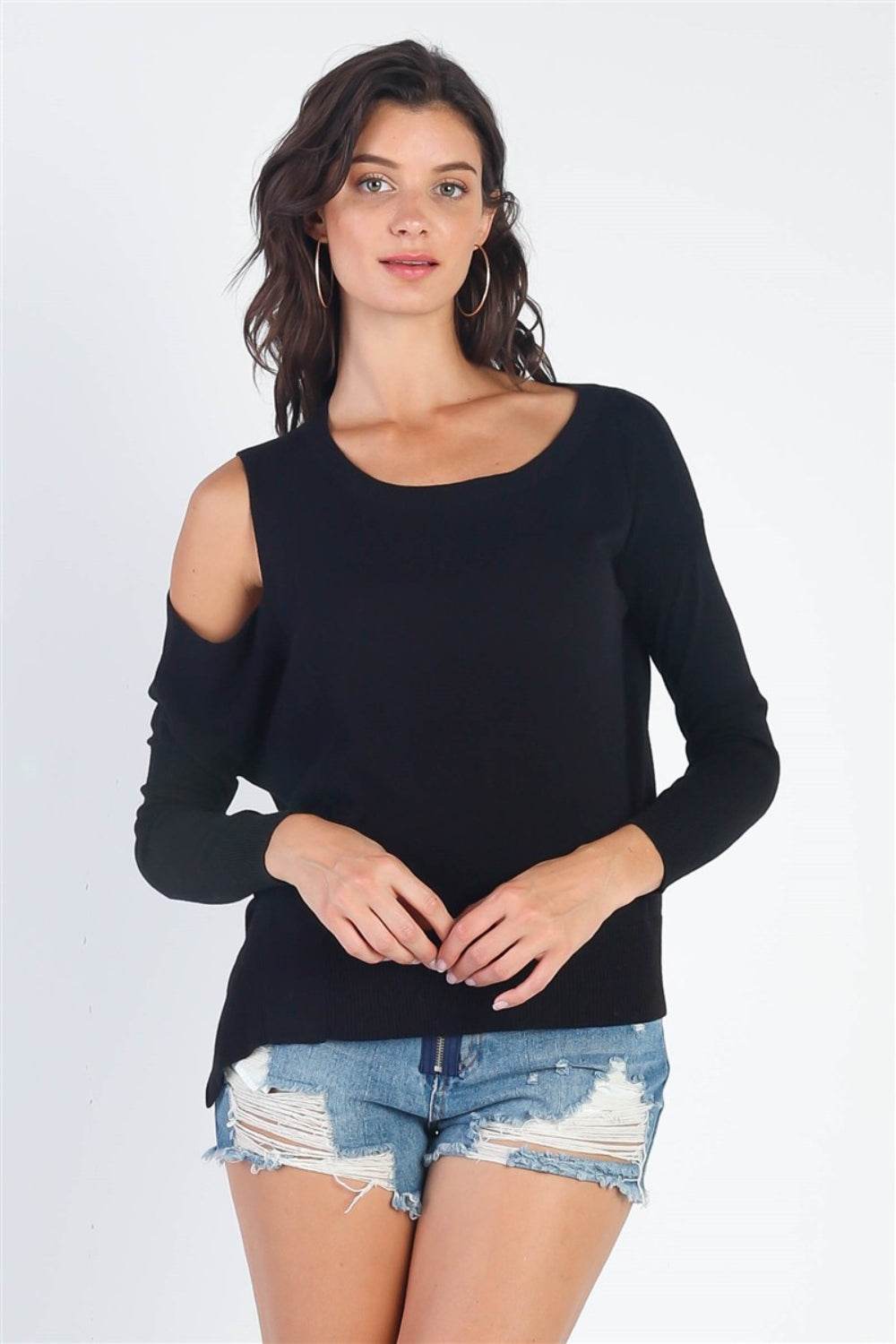 UNIQ Cold Shoulder Long Sleeve Knit Top - DaTrendStore.Com