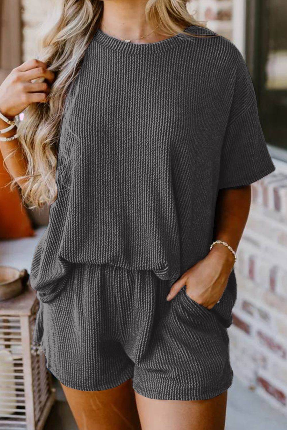 Textured Round Neck Top and Shorts Set - DaTrendStore.Com