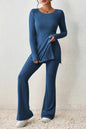 Ribbed Long Sleeve Slit Top and Bootcut Pants Set