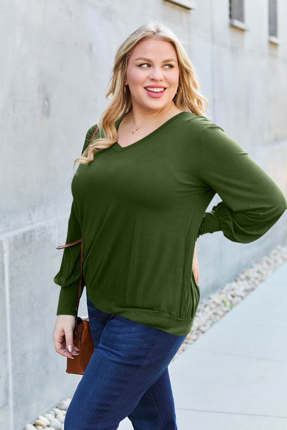 Basic Bae Full Size V-Neck Lantern Sleeve Top - DaTrendStore.Com