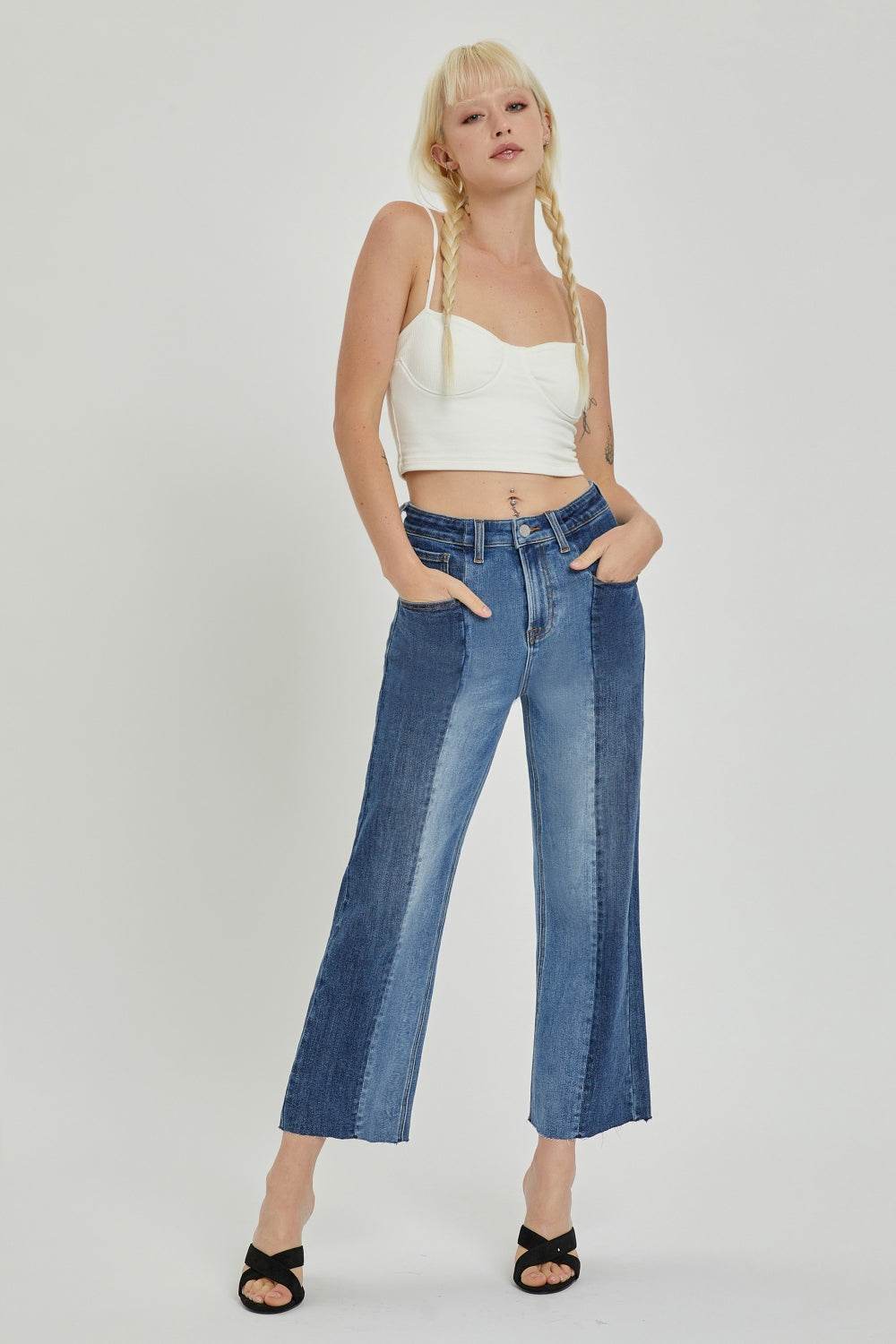 RISEN Full Size Mid-Rise Waist Two-Tones Jeans with Pockets - DaTrendStore.Com