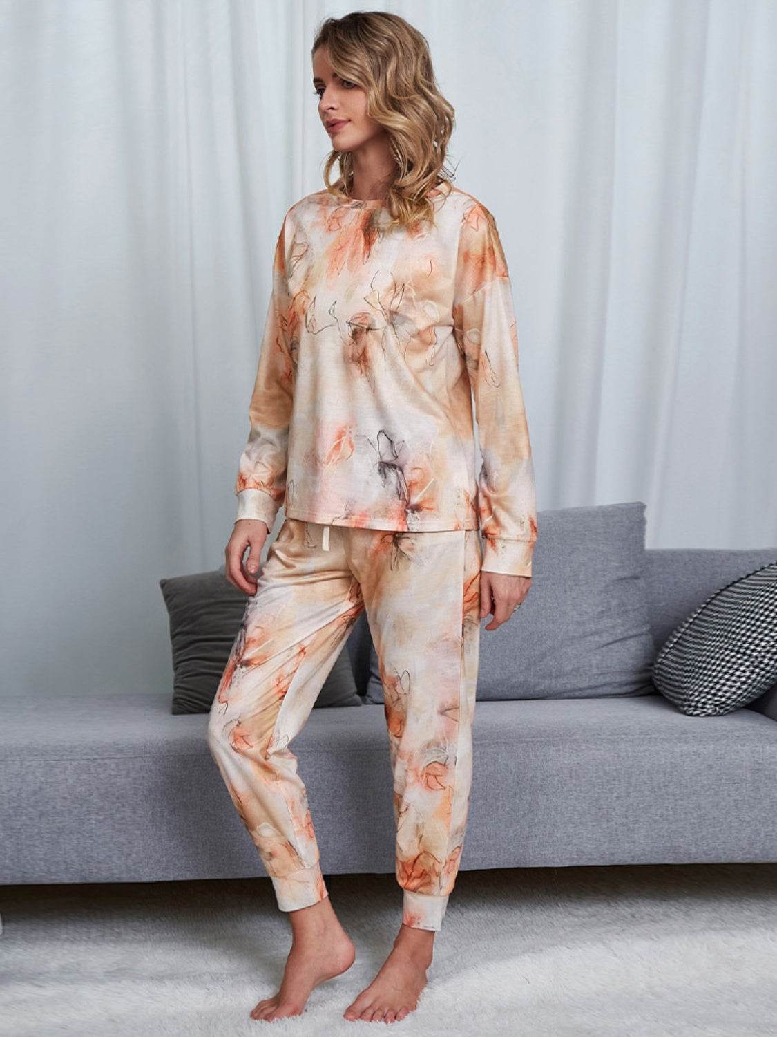 Shiny Tie-Dye Round Neck Top and Pants Lounge Set - DaTrendStore.Com