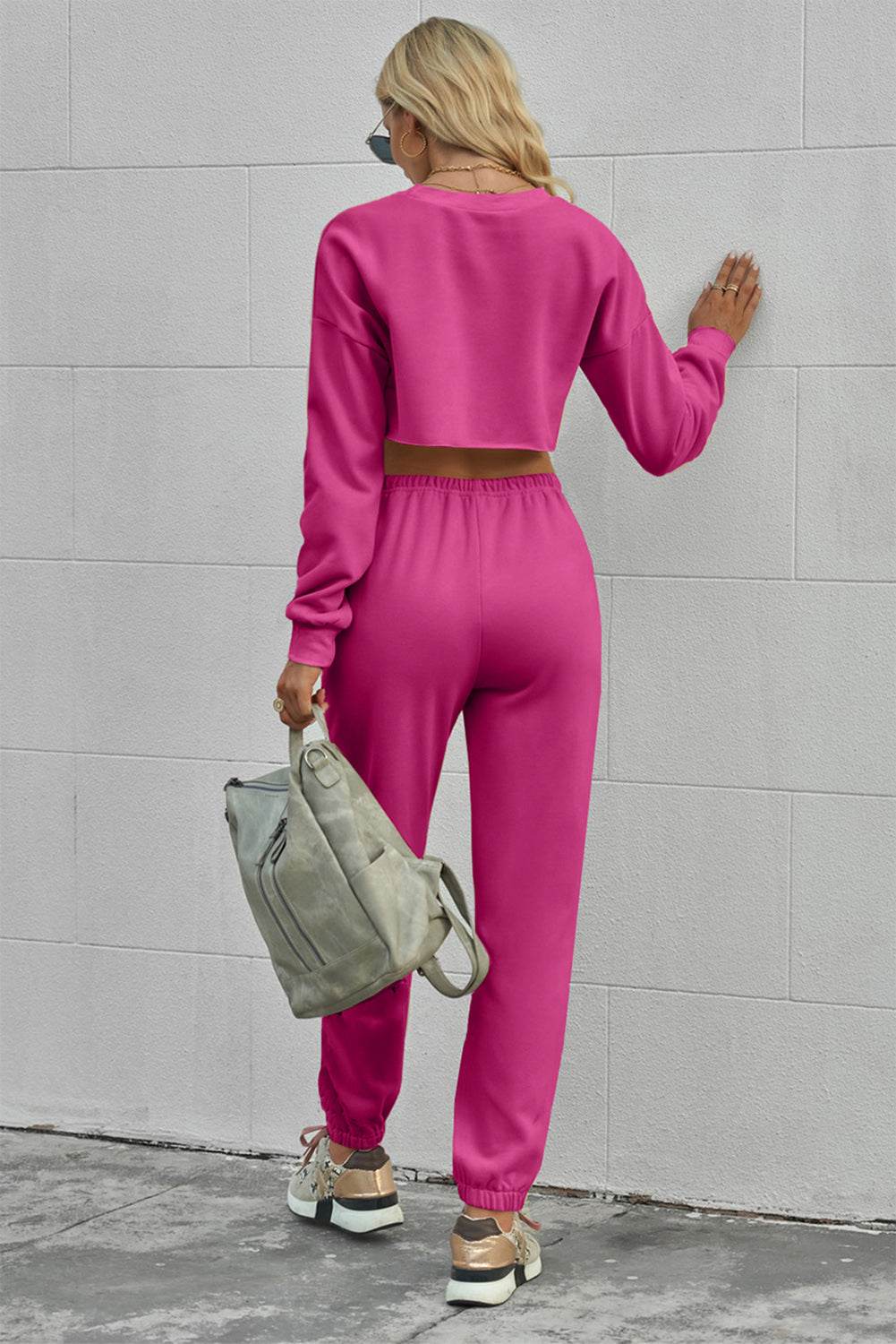 Round Neck Long Sleeve Cropped Top and Pants Set - DaTrendStore.Com