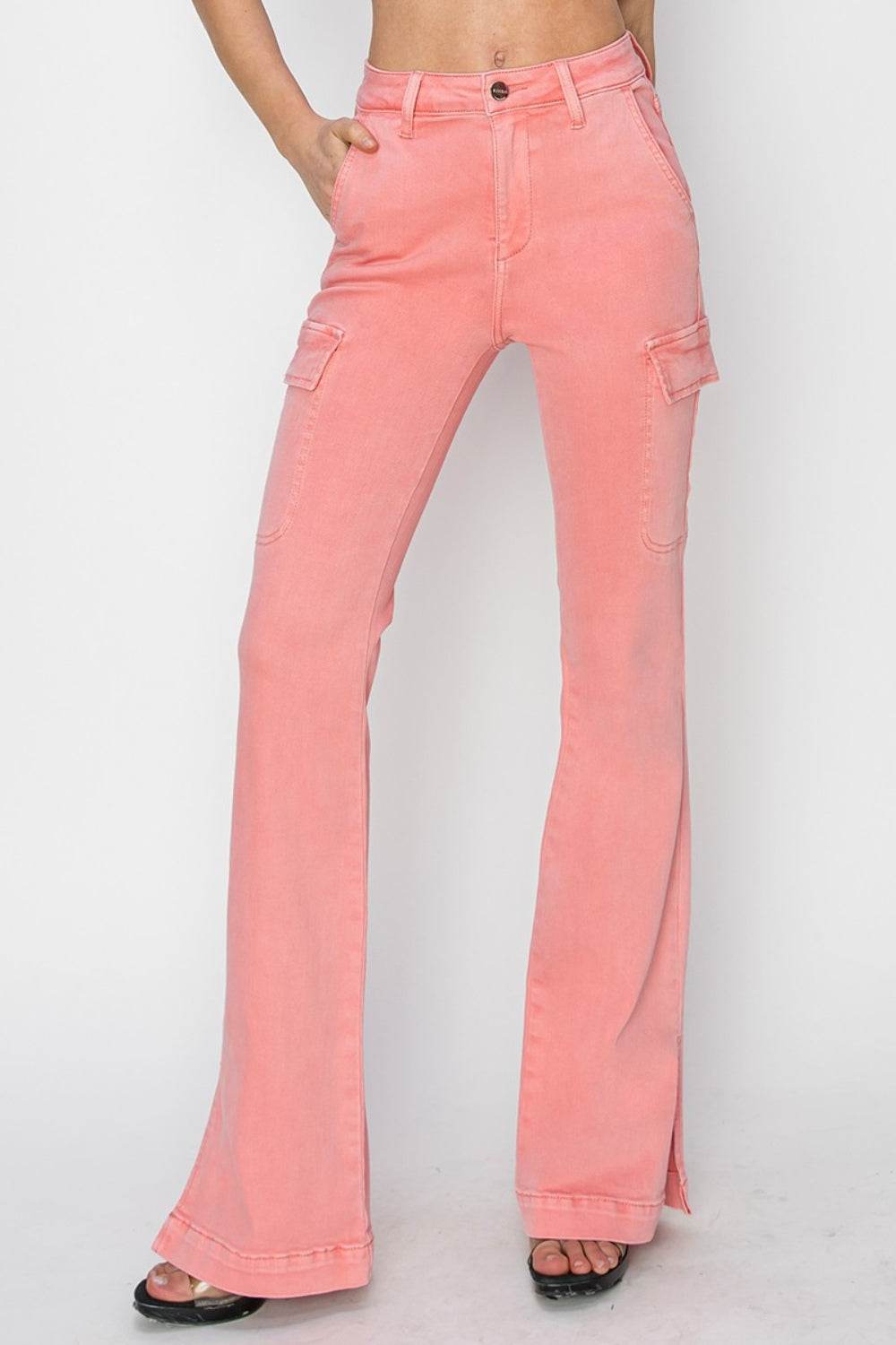 RISEN Full Size High Rise Side Slit Cargo Bootcut Jeans - DaTrendStore.Com