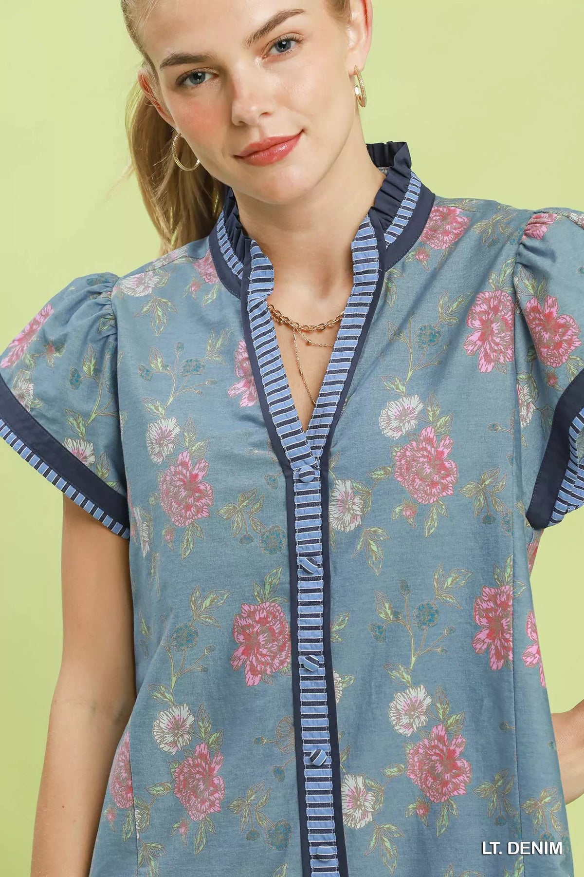 Umgee Floral Contrast Trim Ruffle Hem Mini Dress - Lt. Denim