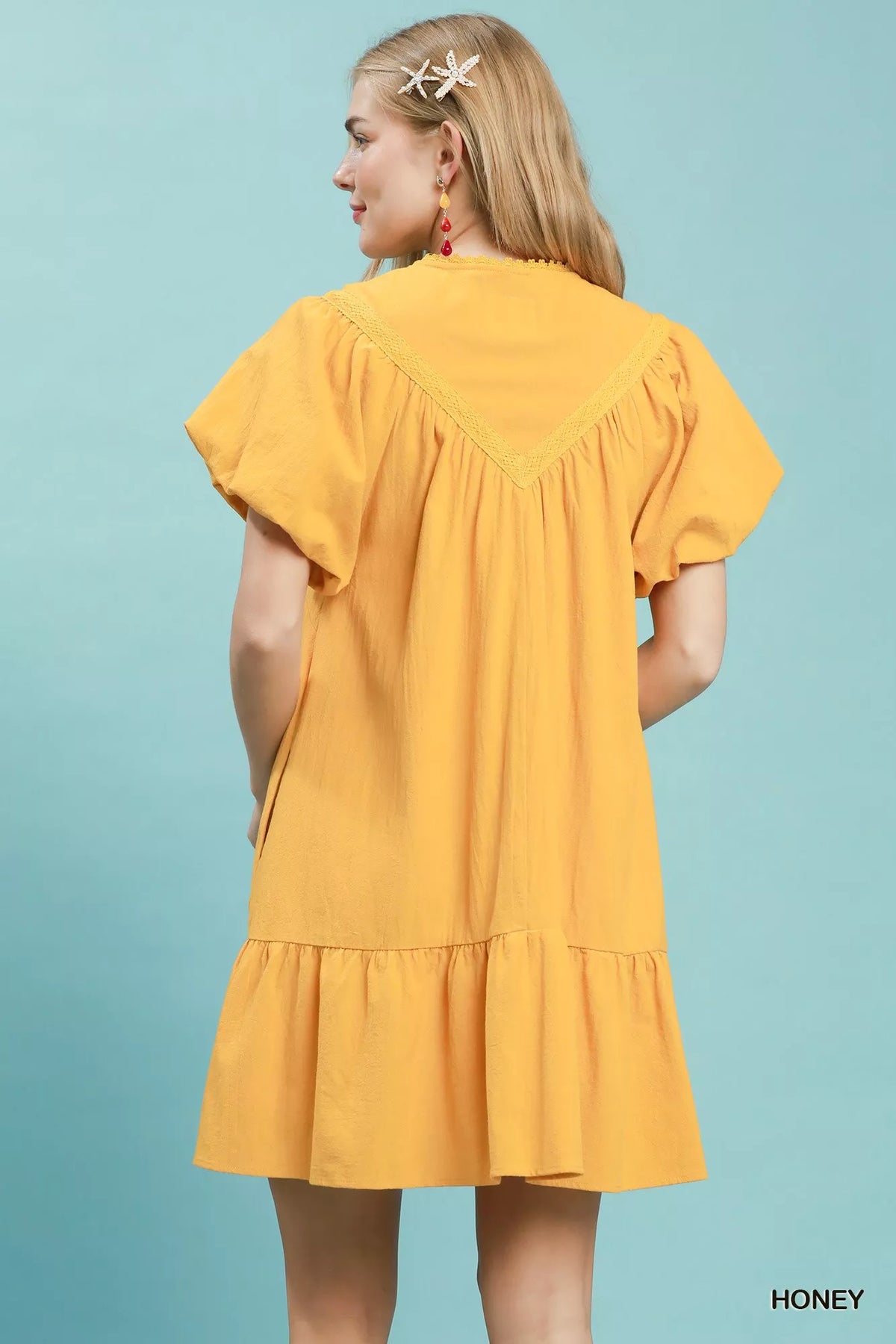 Umgee Flutter Sleeve Tassel Tie Ruffle Hem Mini Dress - Honey