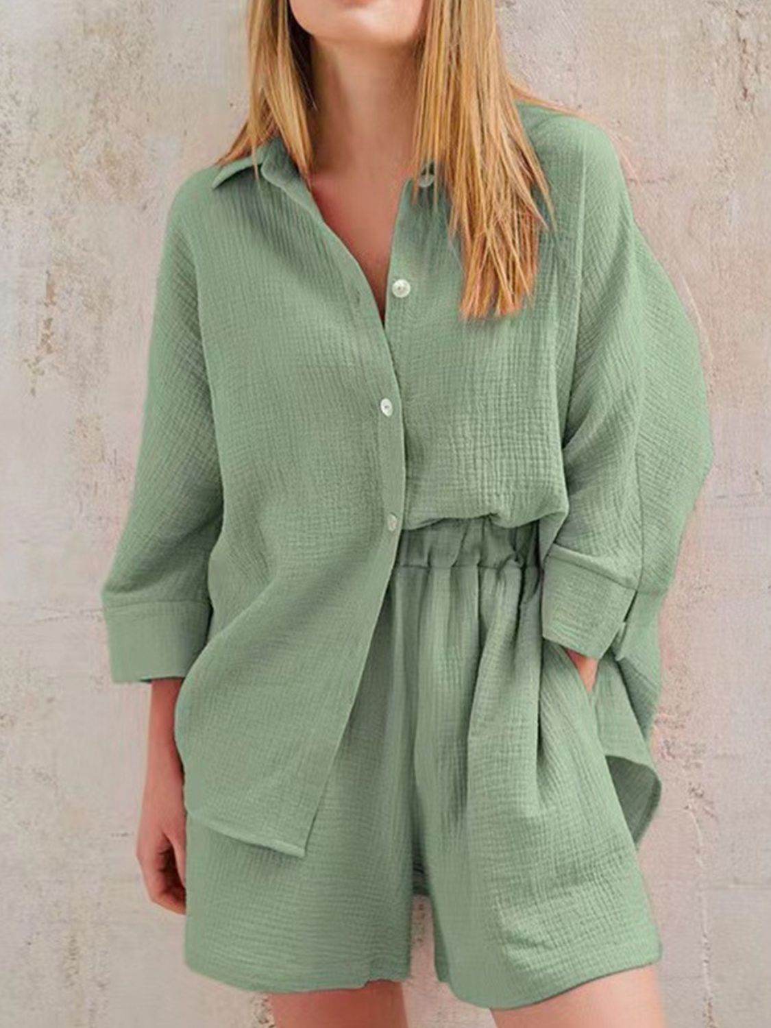 Texture Button Up Shirt and Shorts Set - DaTrendStore.Com