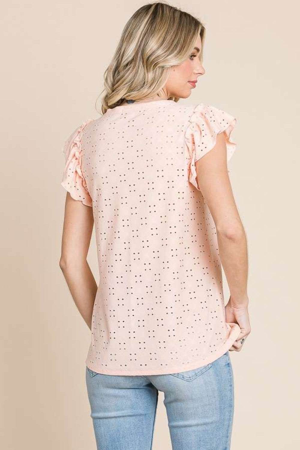 Culture Code Eyelet Round Neck Ruffled Cap Sleeve Top - DaTrendStore.Com