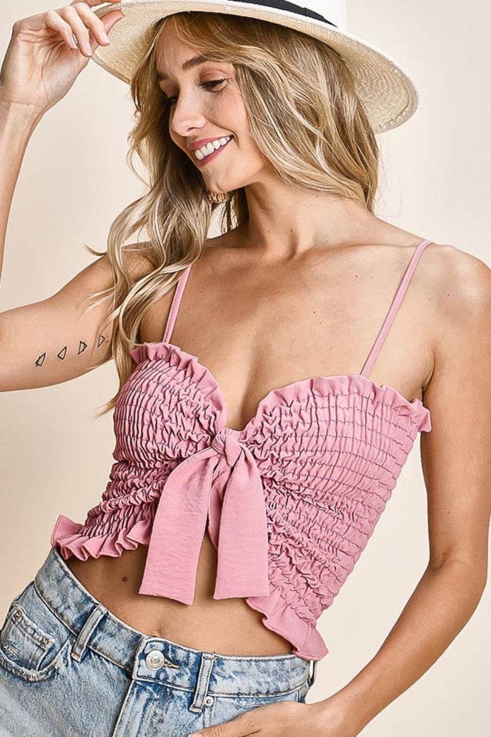 BiBi Ruffled Smocked Ribbon Detail Cami - DaTrendStore.Com