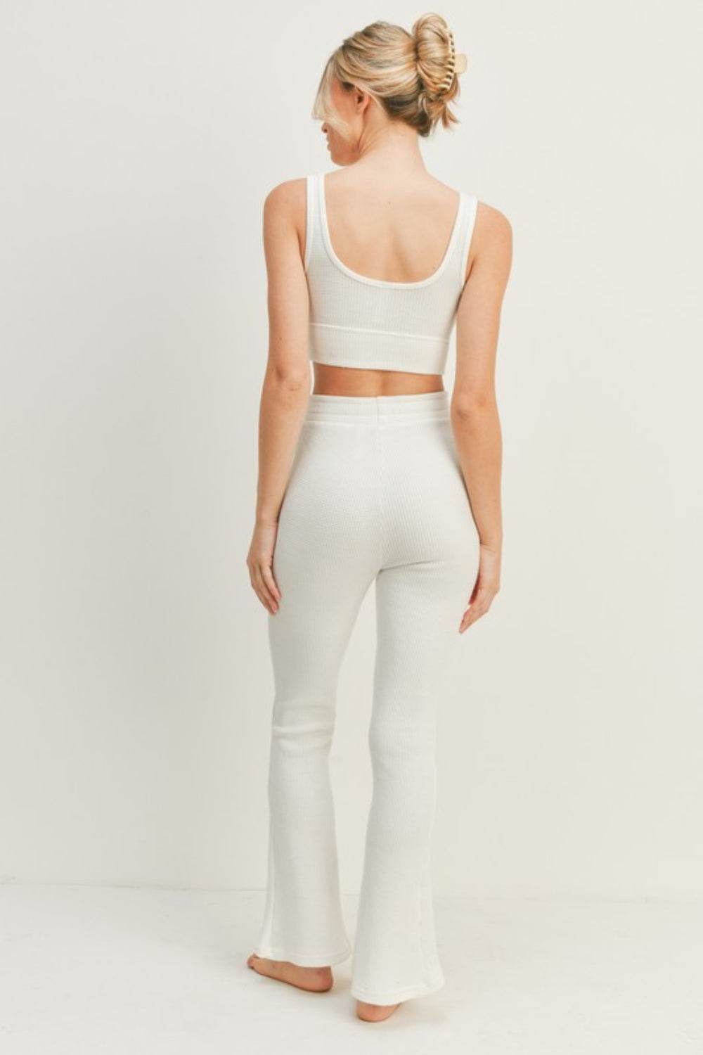 Kimberly C Waffle Tank and High Waist Flare Pants Set - DaTrendStore.Com