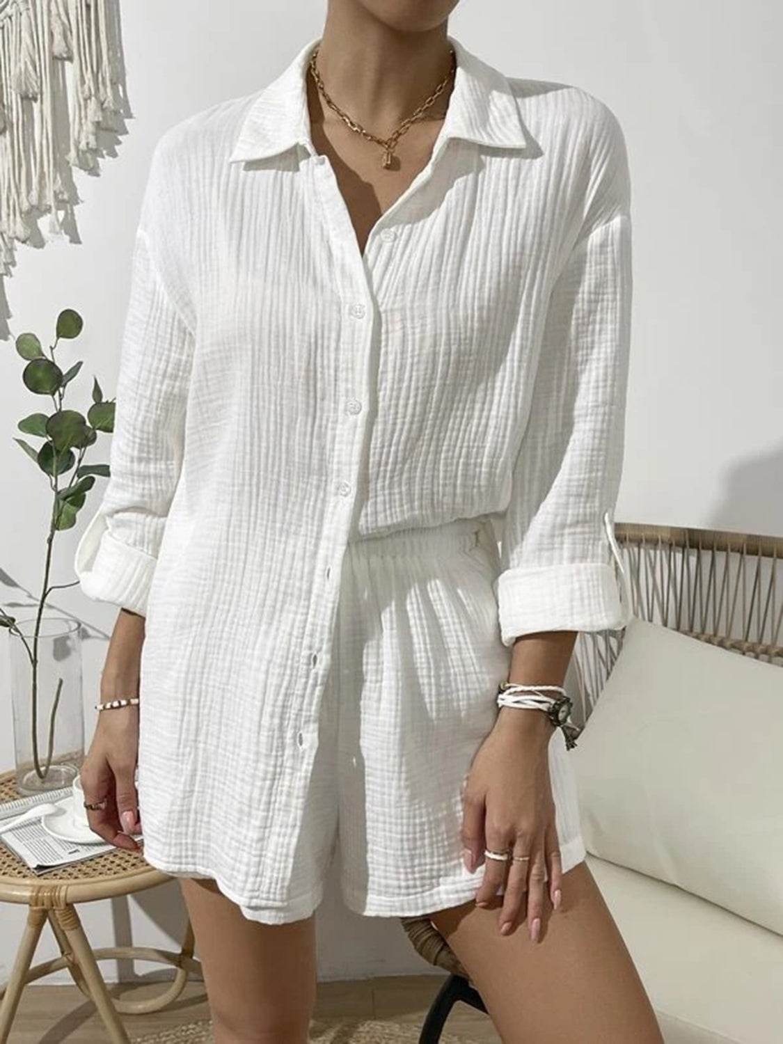 Dropped Shoulder Button Up Top and Elastic Waist Shorts Set - DaTrendStore.Com
