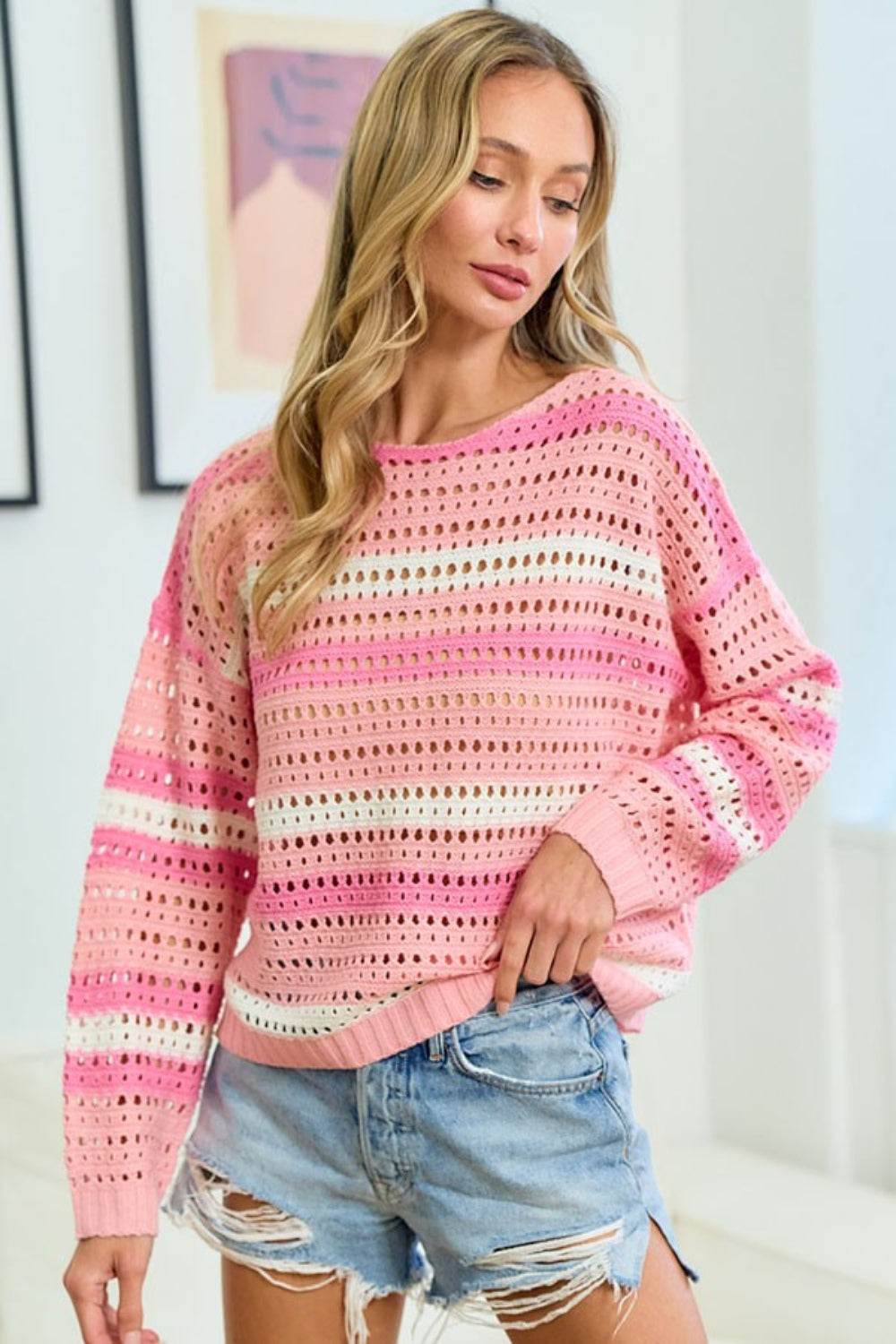 First Love Striped Long Sleeve Openwork Knit Top - DaTrendStore.Com