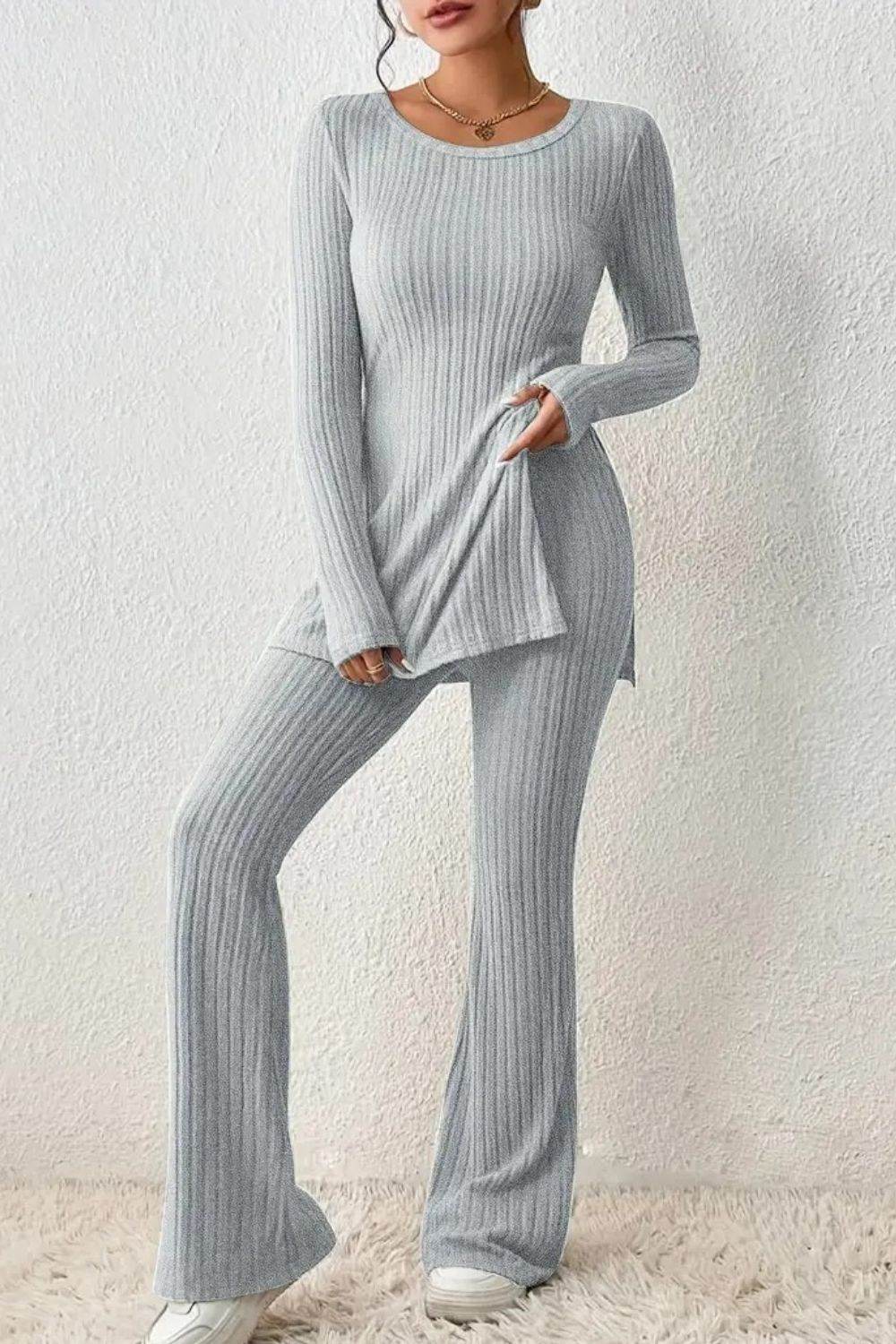 Ribbed Long Sleeve Slit Top and Bootcut Pants Set - DaTrendStore.Com