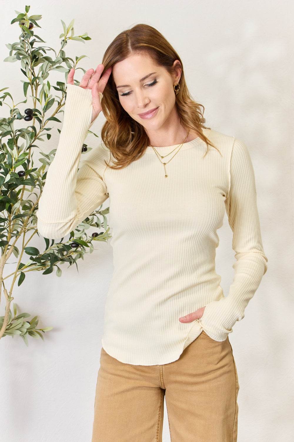 Culture Code Full Size Ribbed Round Neck Long Sleeve Top - DaTrendStore.Com