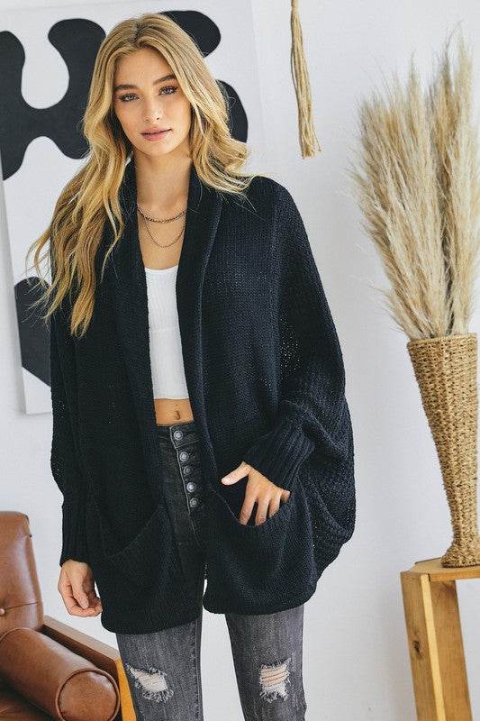 Pattern Knit Dolman Sleeve Solid Slouch Cardigan - DaTrendStore.Com