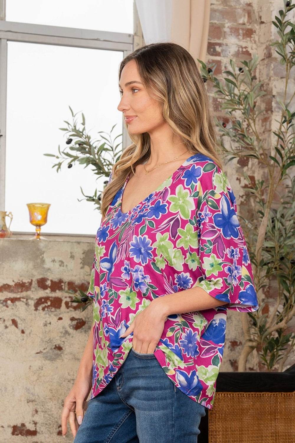 Sew In Love Full Size V-Neck Floral Half Sleeve Top - DaTrendStore.Com