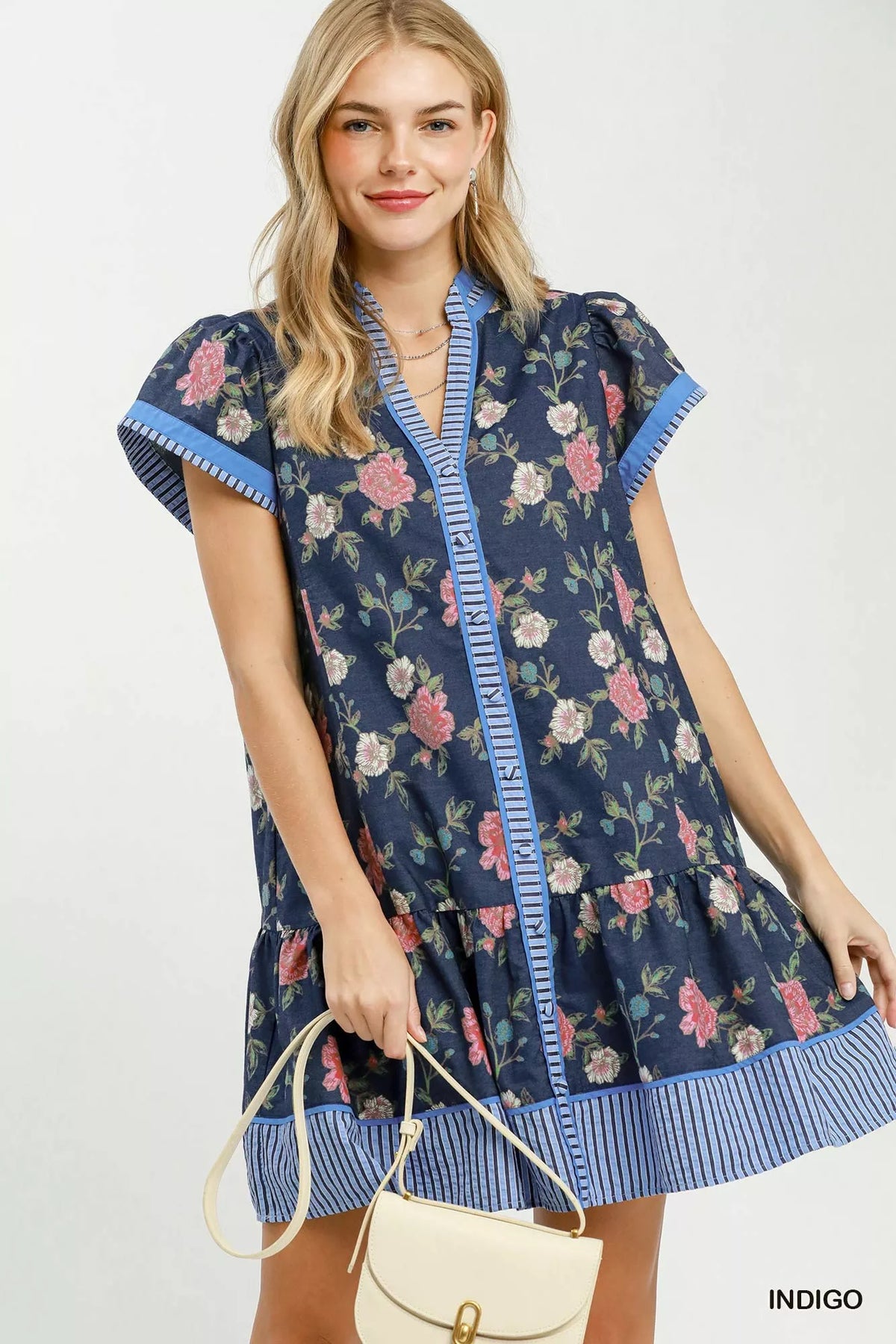 Umgee Floral Contrast Trim Ruffle Hem Mini Dress - Indigo