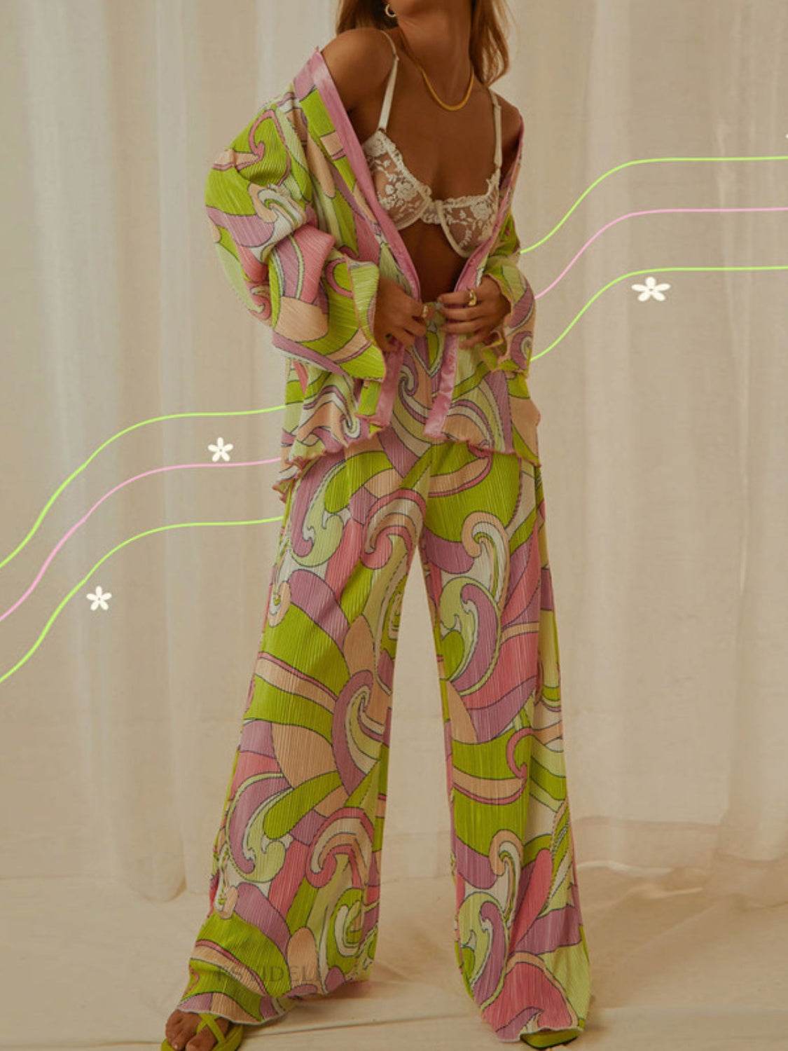 Printed Collared Neck Long Sleeve Top and Pants Lounge Set - DaTrendStore.Com