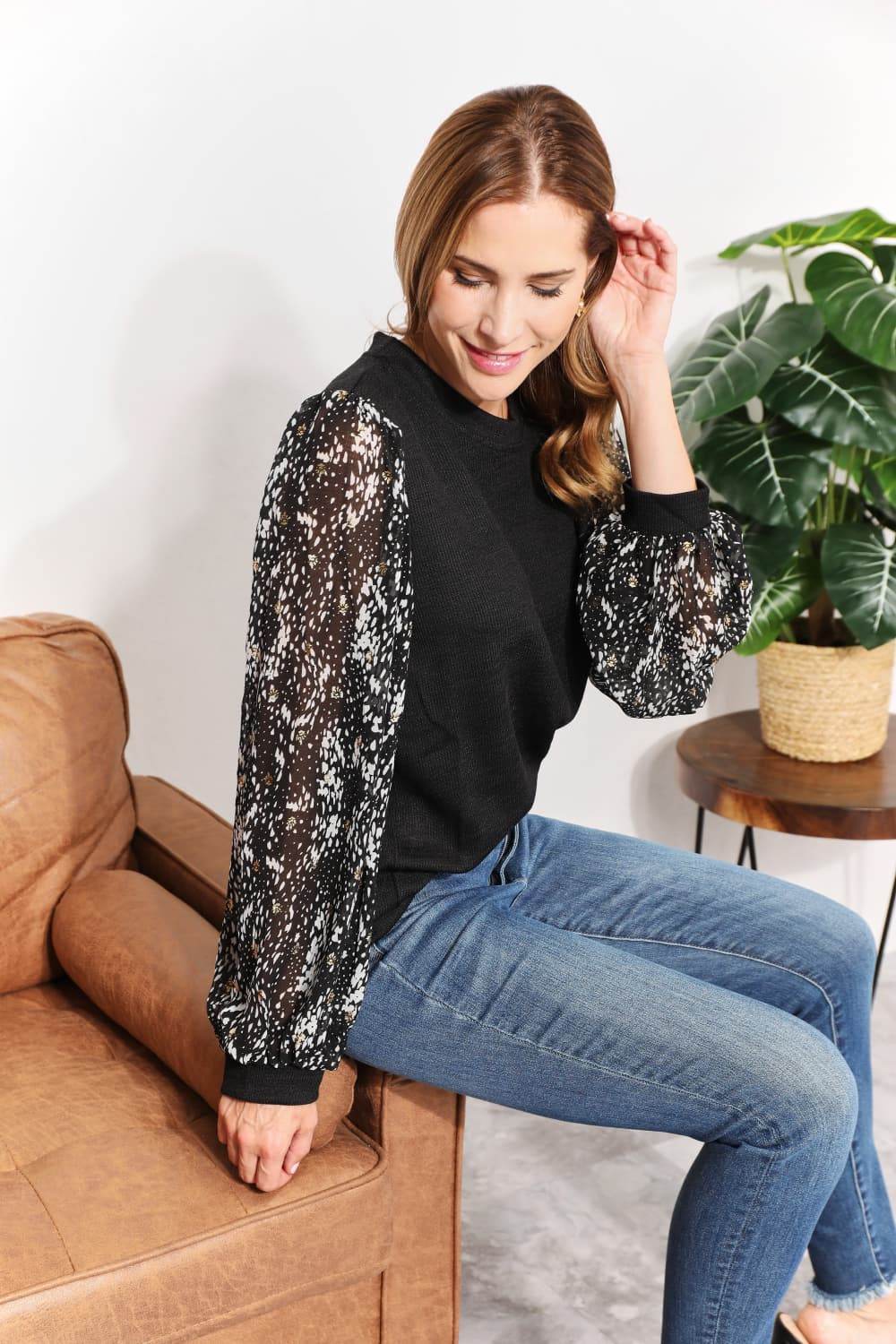 And The Why Full Size Foil Printed Sleeve Top - DaTrendStore.Com
