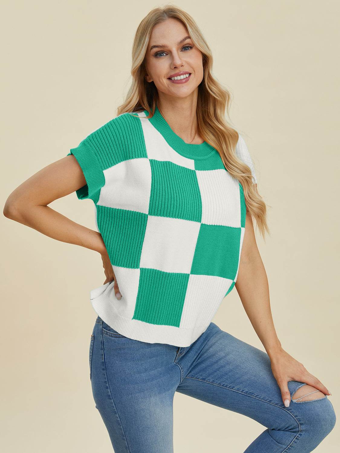 Double Take Full Size Checkered Round Neck Short Sleeve Sweater - DaTrendStore.Com