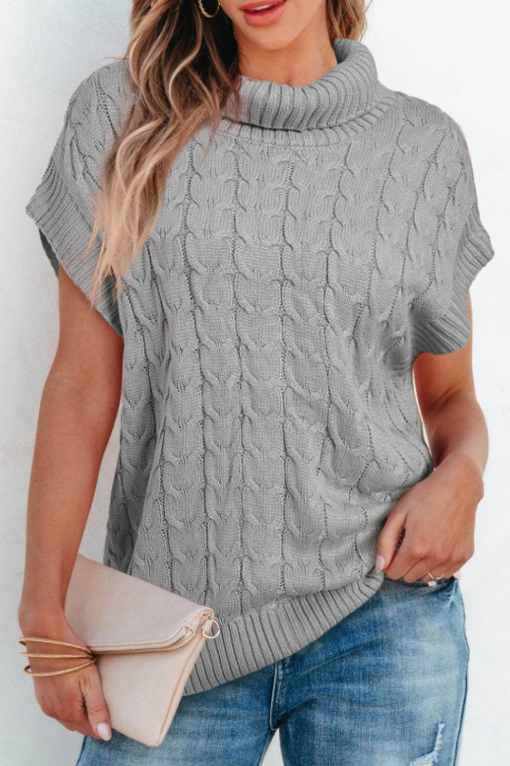 Cable Knit Turtleneck Short Sleeve Sweater - DaTrendStore.Com