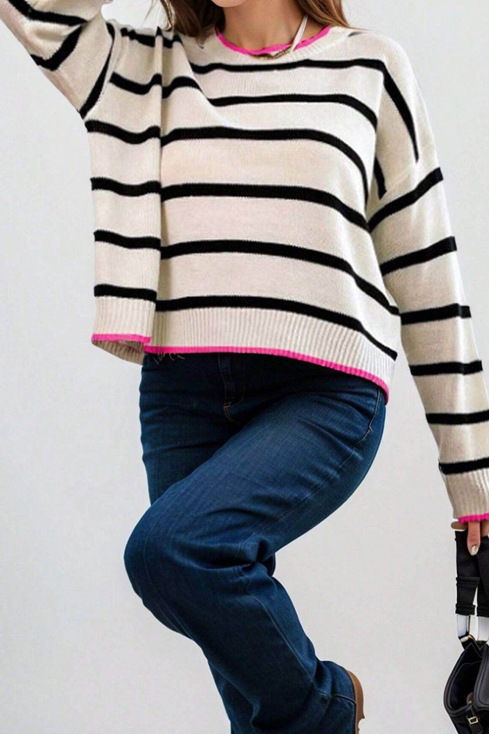 Striped Round Neck Drop Shoulder Sweater - DaTrendStore.Com