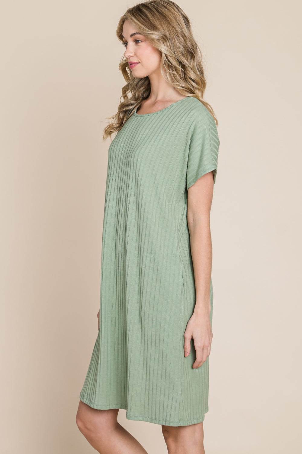 BOMBOM Ribbed Round Neck Short Sleeve Dress - DaTrendStore.Com