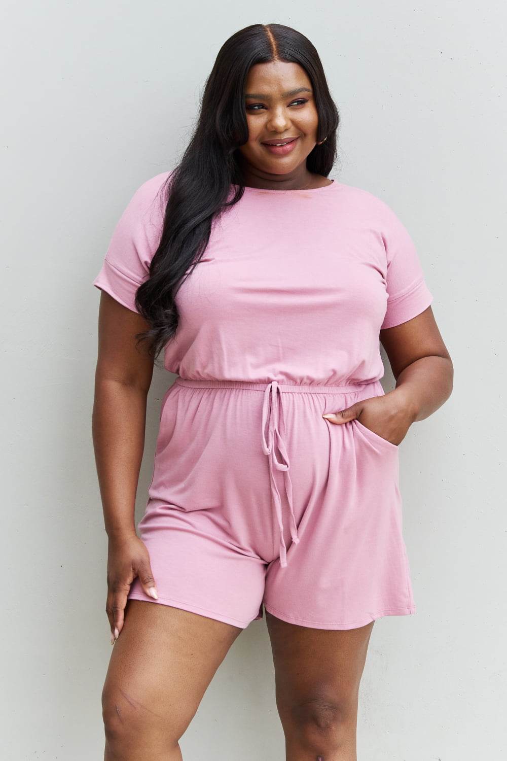 Zenana Chilled Out Full Size Short Sleeve Romper in Light Carnation Pink - DaTrendStore.Com