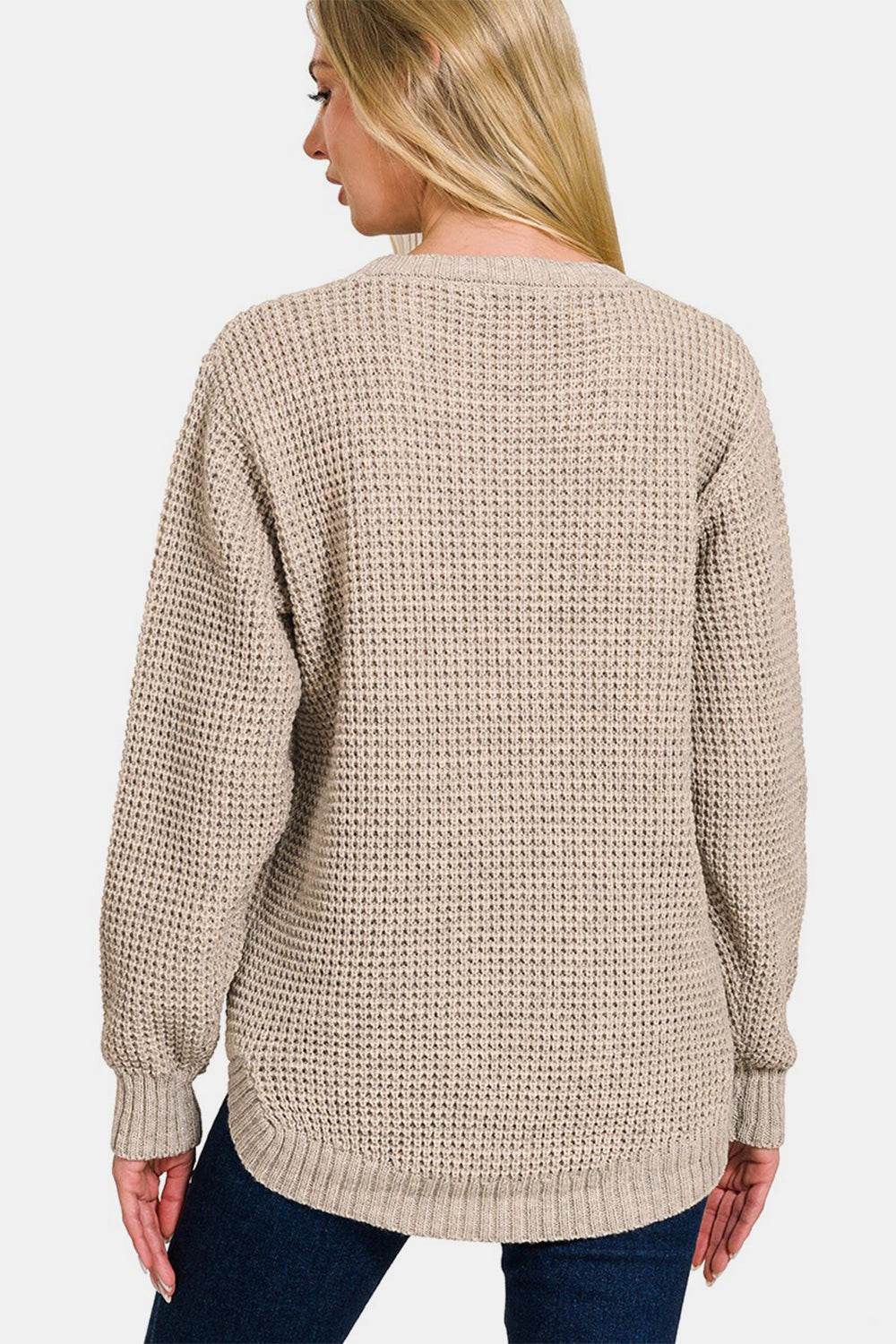 Zenana High Low Long Sleeve Waffle Sweater - DaTrendStore.Com
