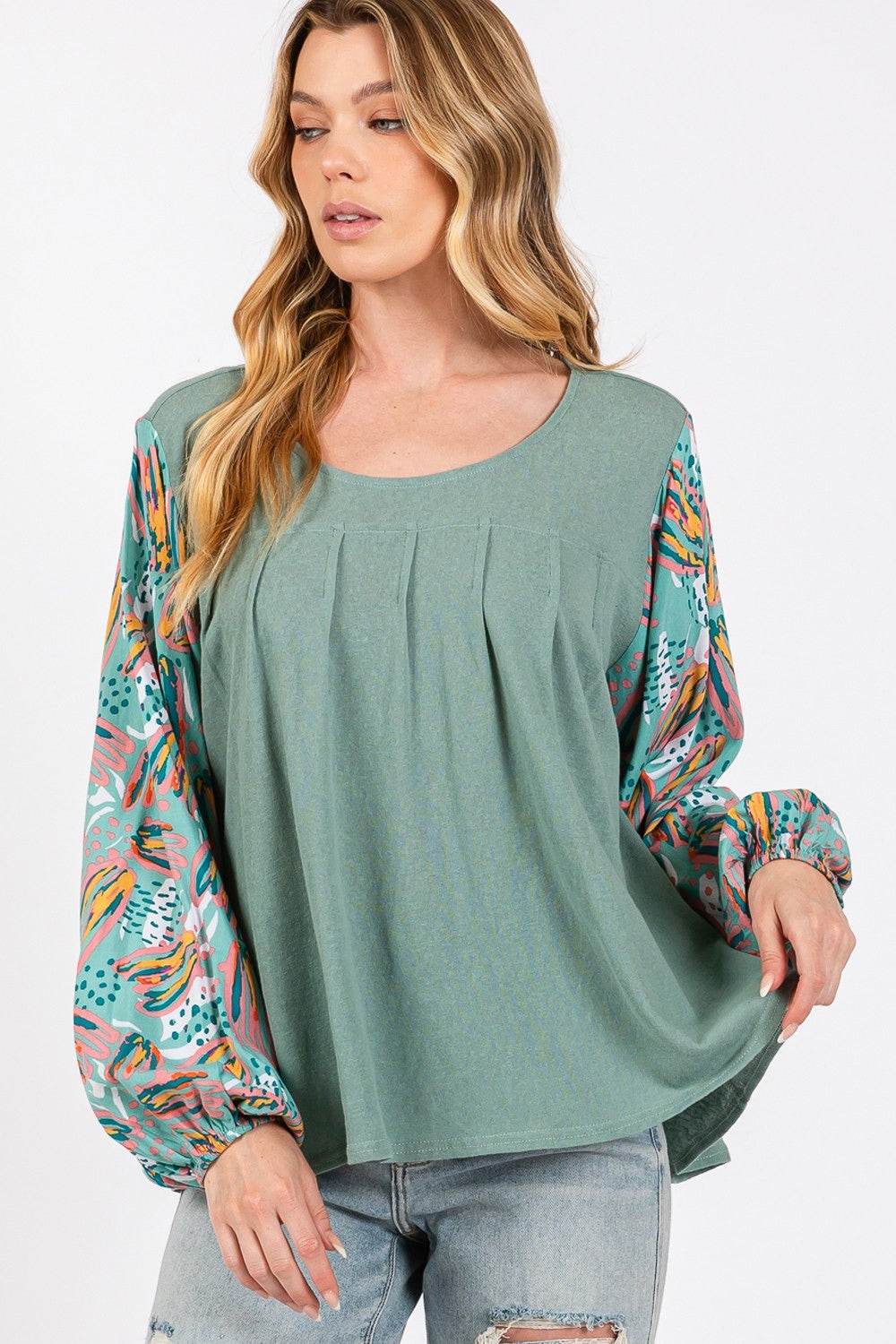 SAGE + FIG Ruched Round Neck Printed Bubble Sleeve Top - DaTrendStore.Com