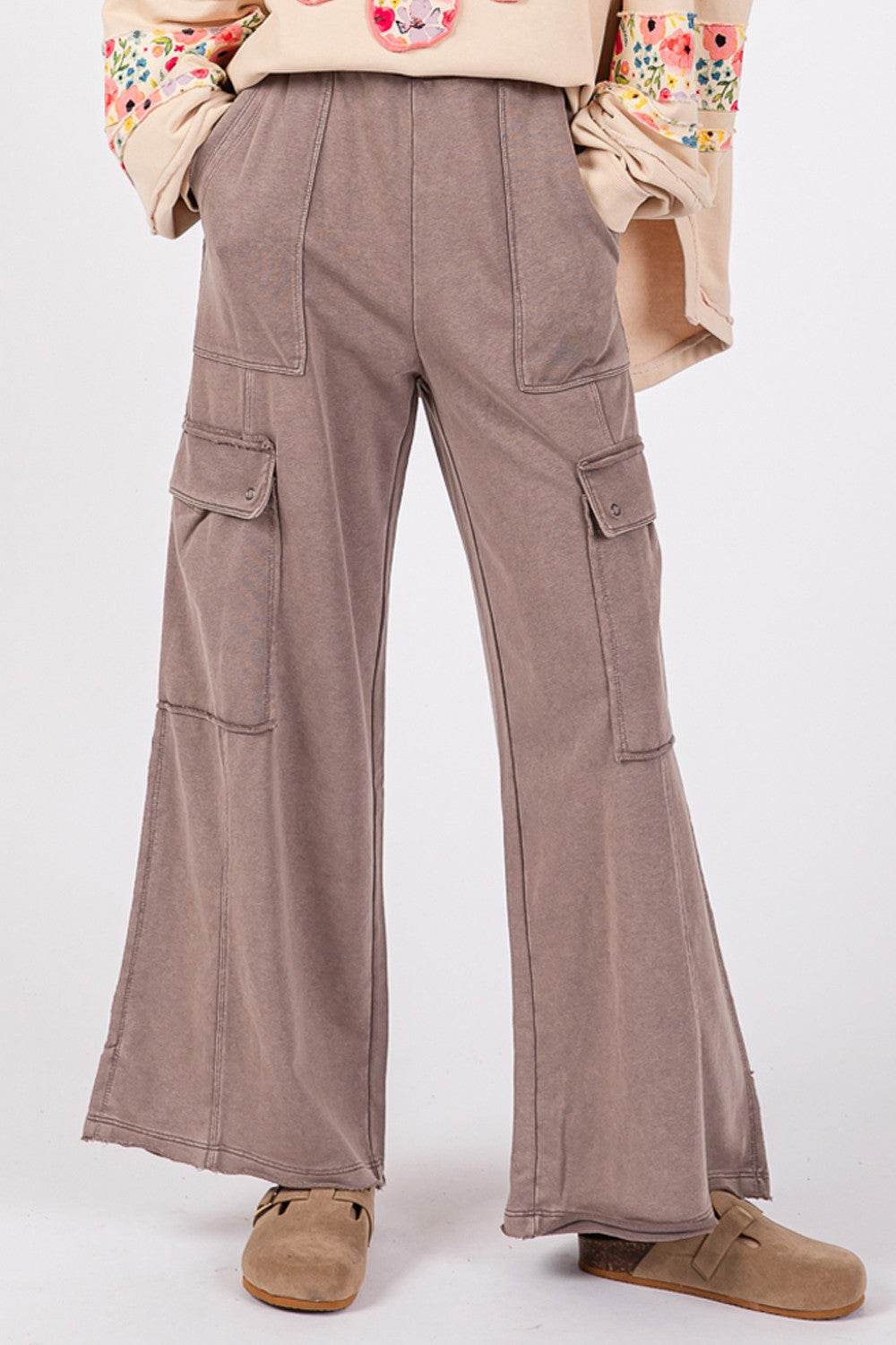 SAGE + FIG Knit Terry Mineral Wash Wide Leg Pants - DaTrendStore.Com