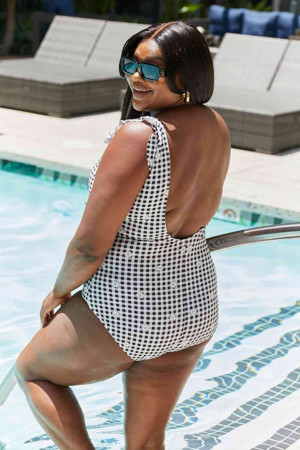 Marina West Swim Full Size Float On Ruffle Faux Wrap One-Piece in Black - DaTrendStore.Com