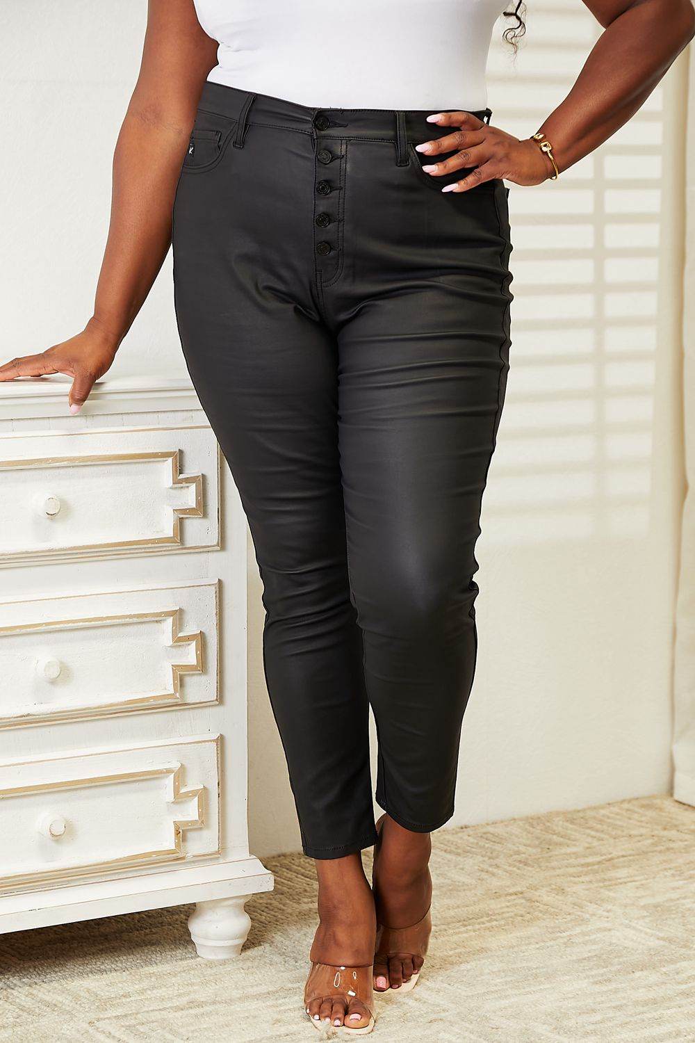 Kancan Full Size High Rise Black Coated Ankle Skinny Jeans - DaTrendStore.Com